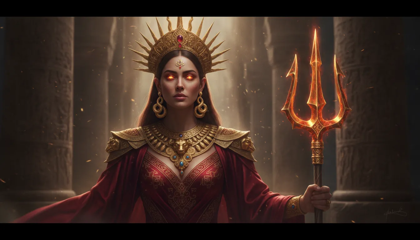 Cinematic digital painting of a fierce goddess with golden ornaments holding a trishul.
