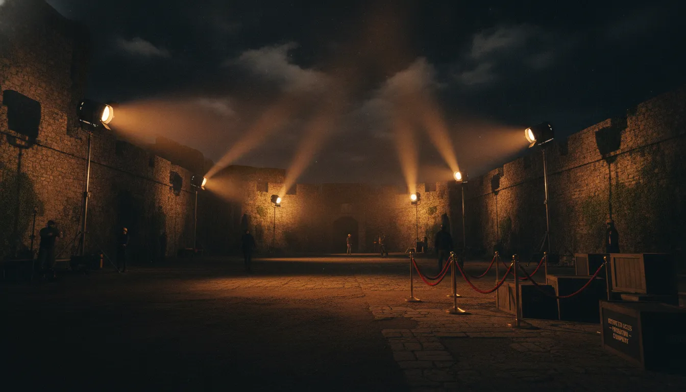 Movie set lighting setup illuminating an ancient stone courtyard.