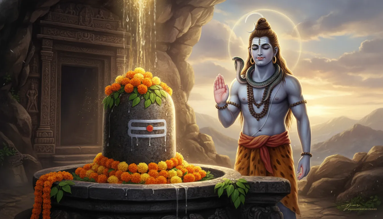 A dramatic digital painting of Lord Shiva raising his hand to bless a sacred Shiva Lingam decorated with flowers