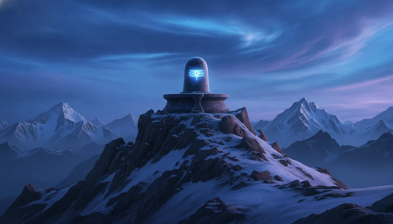 Cinematic Mahakal shivling ki hd image in a meditative Himalayan background with glowing third eye aura.