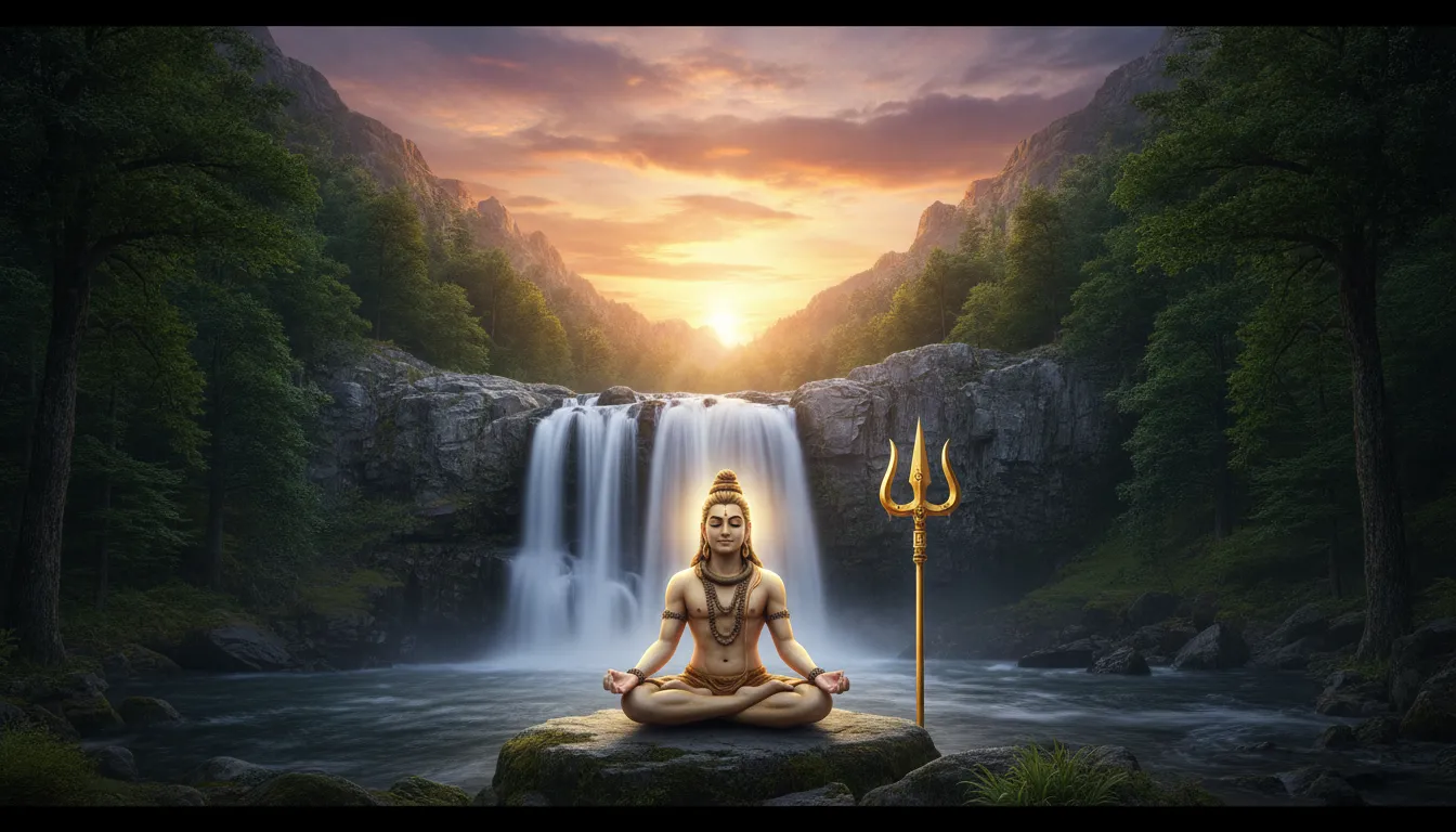 A cinematic wide shot of a divine figure meditating by a waterfall under a sunset sky.