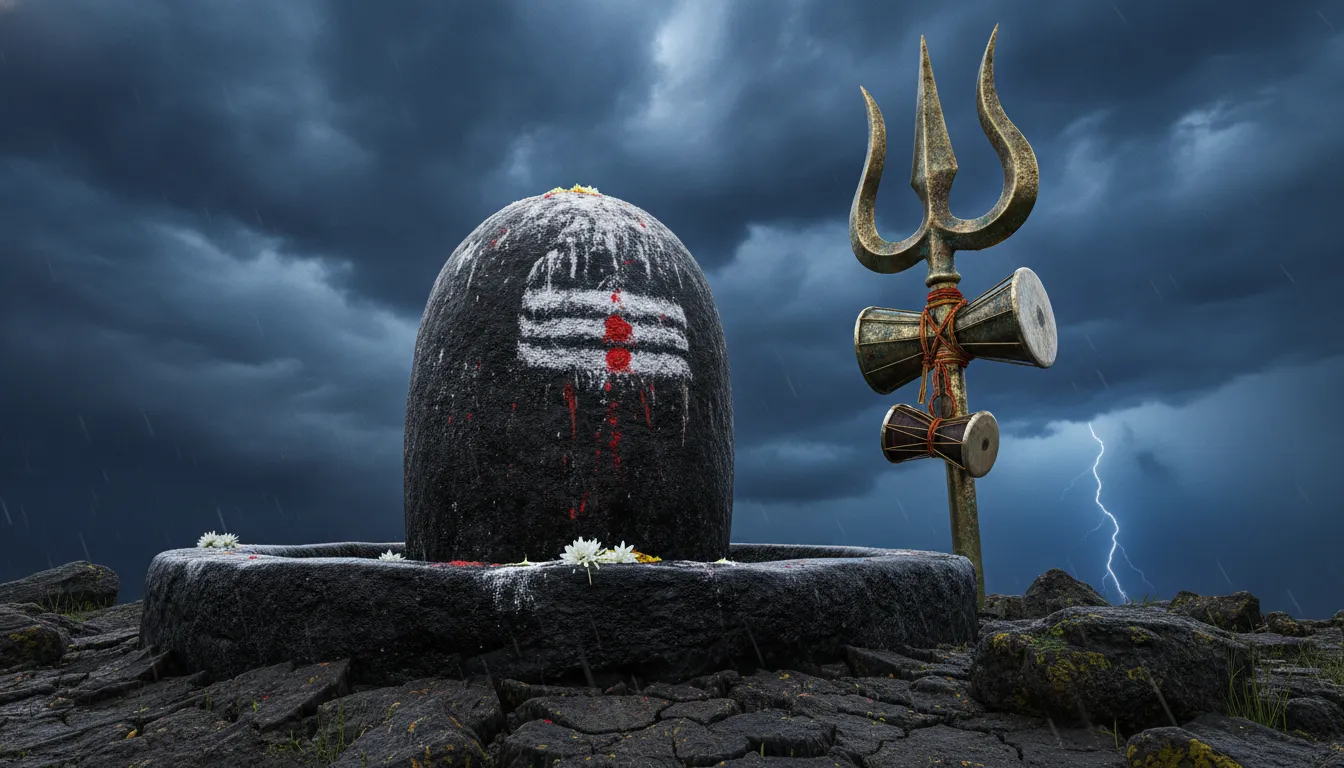A powerful black stone Shivling next to a majestic brass Trishul under dramatic dark storm clouds.