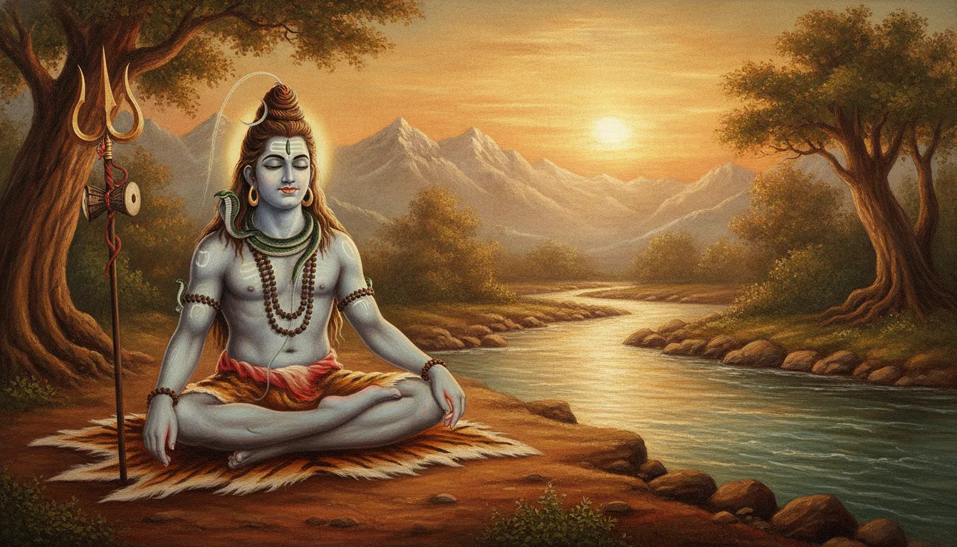 Traditional style painting of Lord Shiva meditating by a holy river with his trishul nearby.