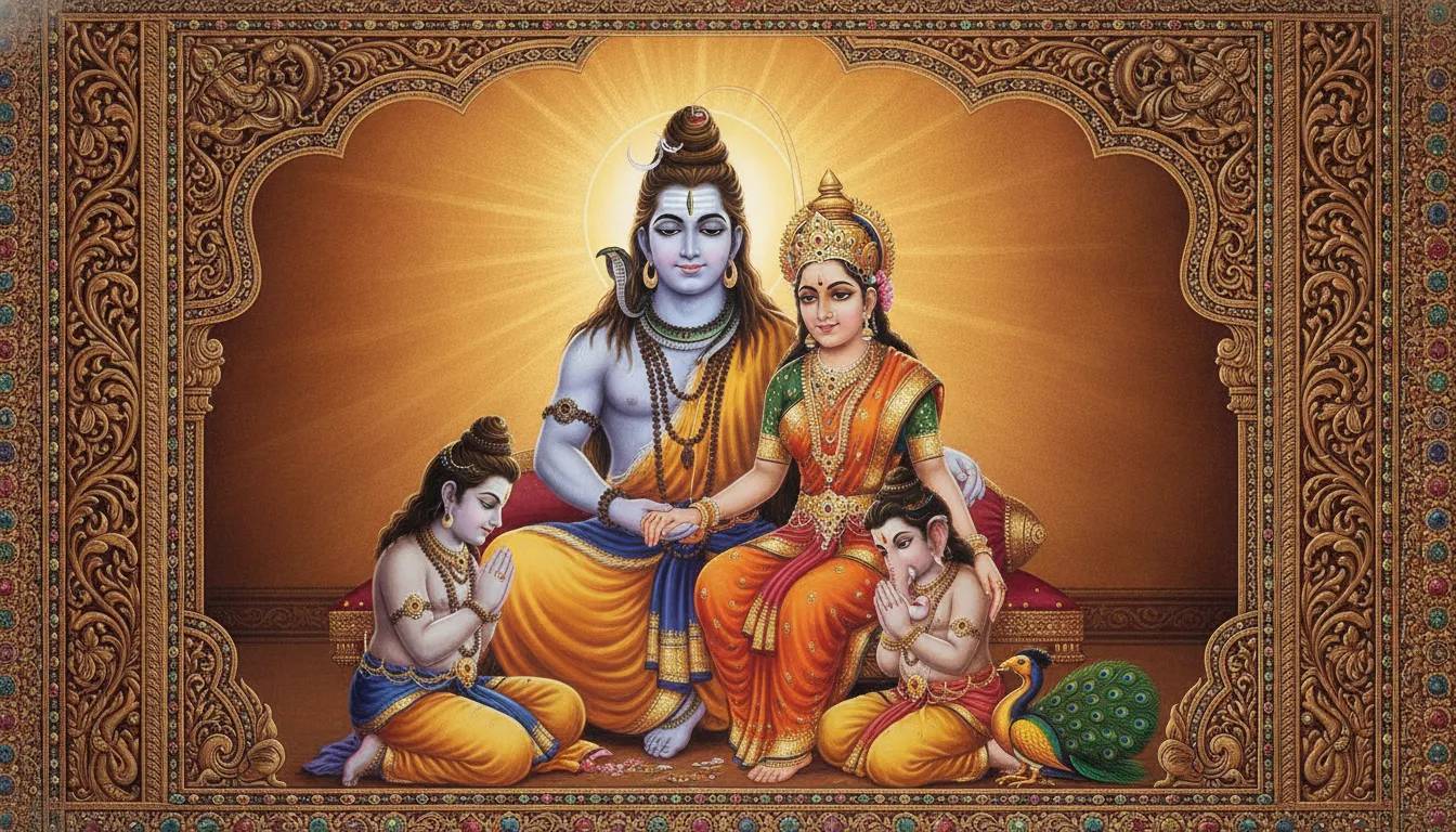 Classic painting of Lord Shiva and Goddess Parvati blessing Ganesha and Kartikeya with a golden frame
