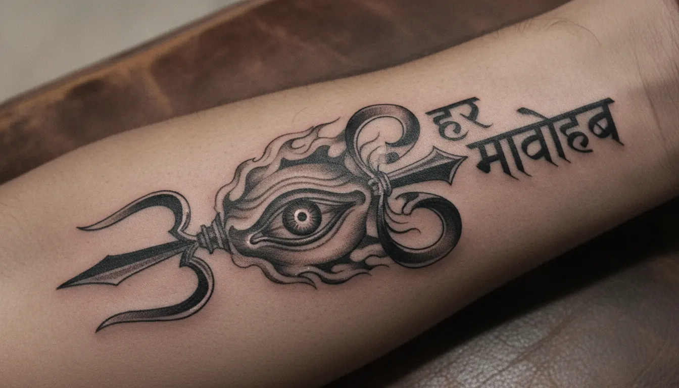 Detailed Har Har Mahadev tattoo photo featuring a Trishul and Lord Shiva's third eye on the forearm.