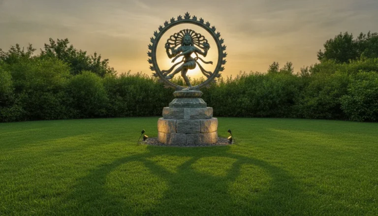 A large traditional bronze Nataraja statue standing inside a circular ring of fire on a stone pedestal in a lush green garden.