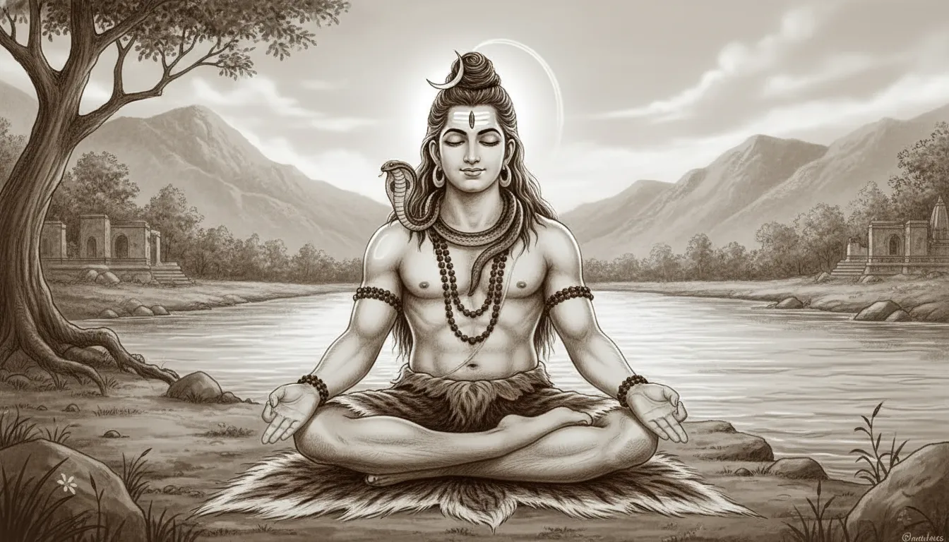 A vintage sepia artwork of Lord Shiva meditating peacefully near a flowing river.
