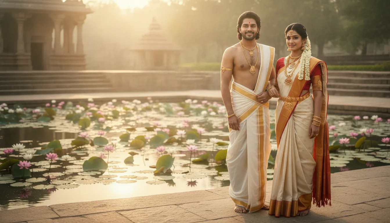 Traditional South Indian style divine couple portrait in white and gold attire near a lotus pond