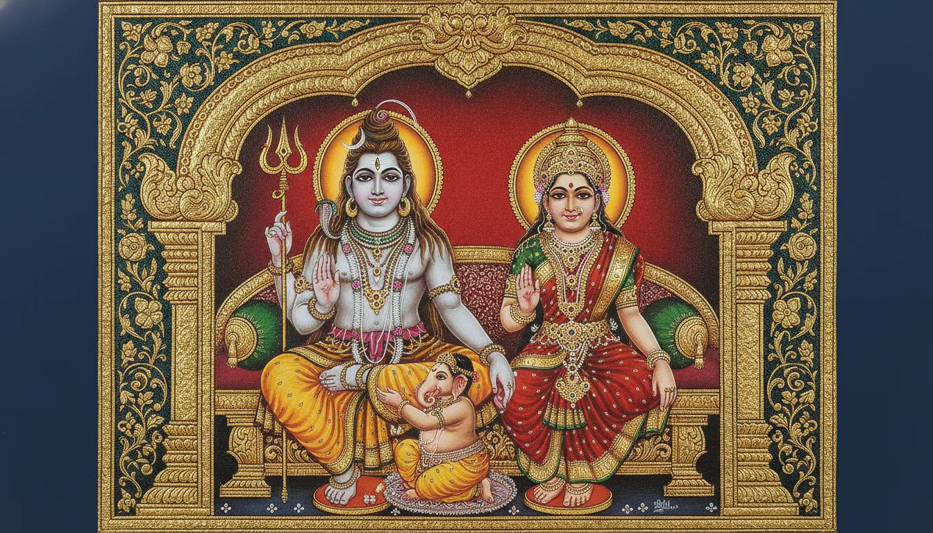 Traditional Tanjore painting of Lord Shiva Parvati and Ganesha with gold foil