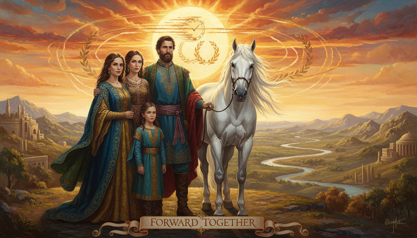 Traditional family standing proudly next to a powerful white horse