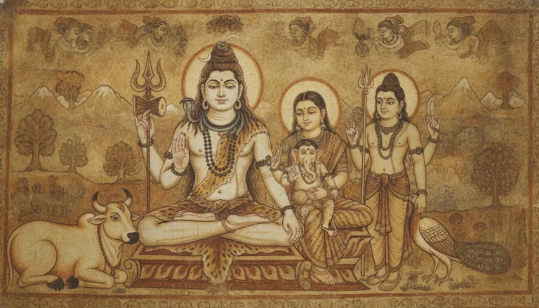 An ancient temple wall painting style reproduction showing Shiva family with earthy tones and rustic textures.