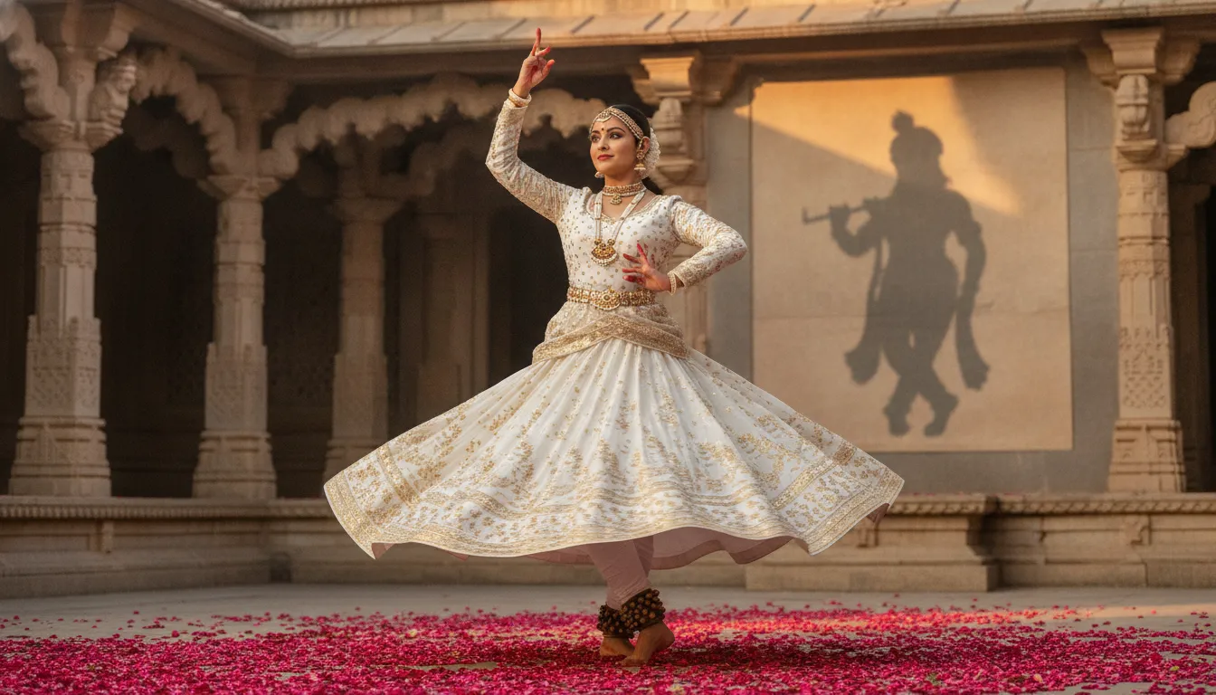 A classical Kathak dancer performing a devotional sequence with a silhouette of Krishna playing flute.