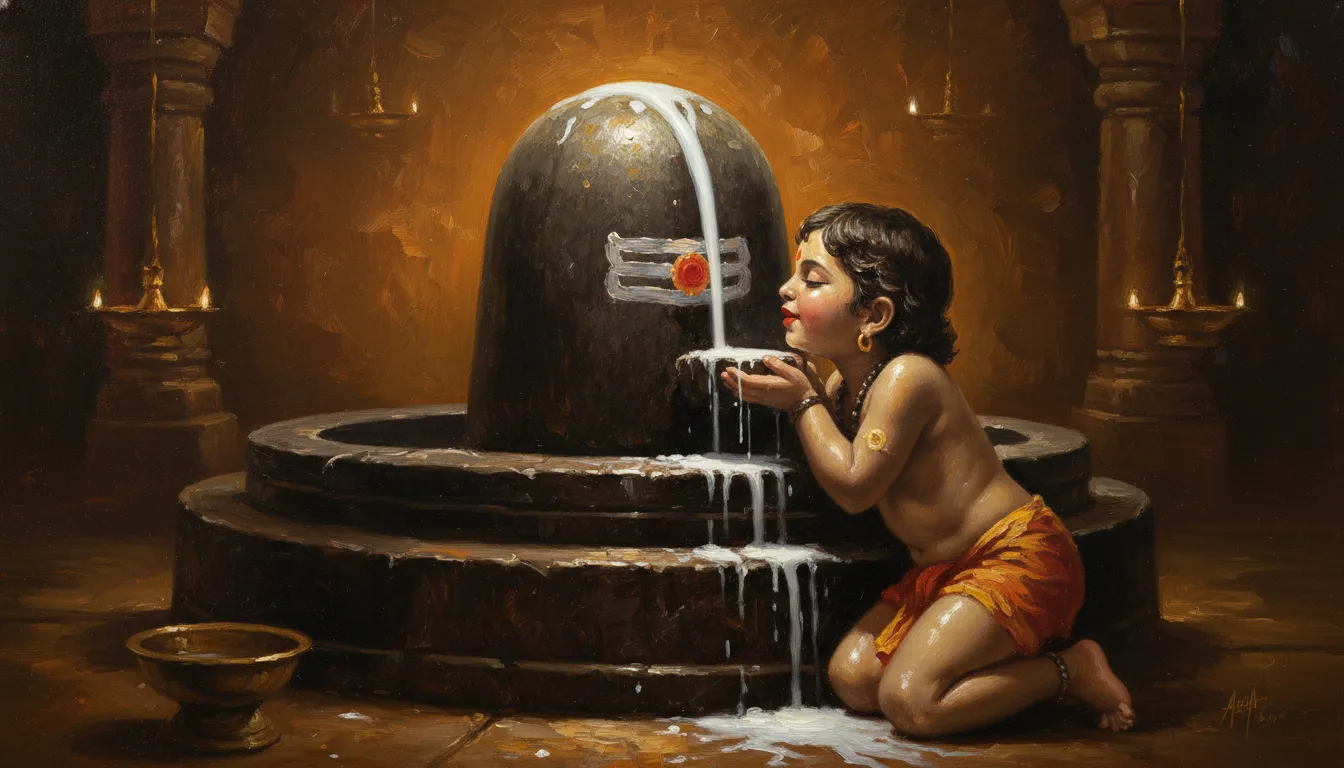 An oil painting rendering of a child drinking holy milk flowing from an ornate stone Shivling inside a historic temple setting.