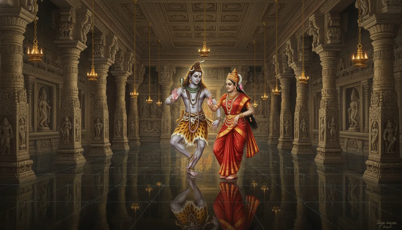 Detailed illustration of Shiva and Parvati performing their divine dance inside a grand, ancient South Indian temple golden hall.