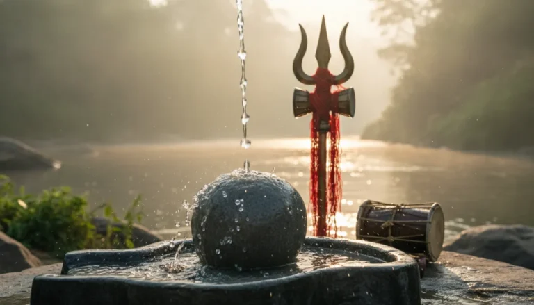 Clear water splashing over a gray stone Shivling with a brass Trishul in background