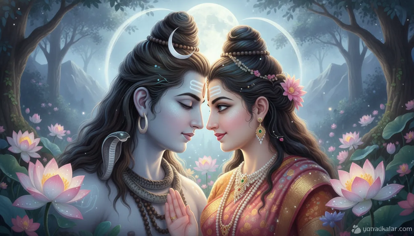 Close view of Shiva and Parvati touching foreheads in glowing nature