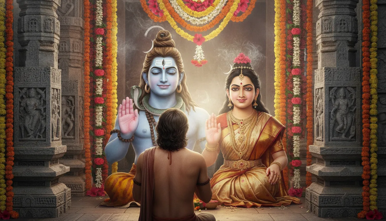 Close up shot of Shiva and Parvati raised hands emitting light towards a devotee at a temple gate