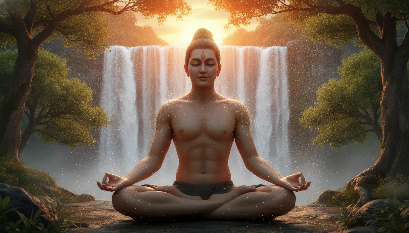 Close up shot of a divine figure meditating peacefully near a rushing jungle waterfall.