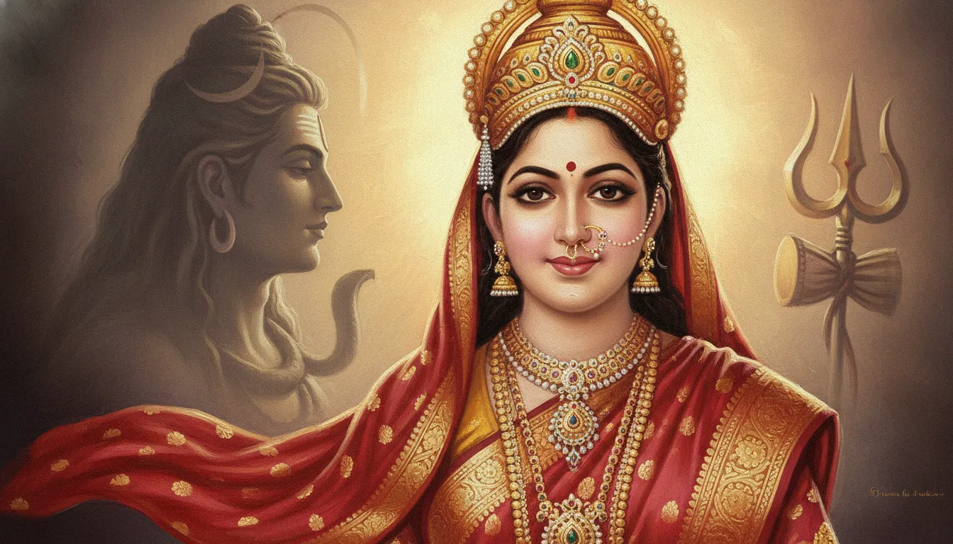 close up parvati red saree traditional gold jewelry lord shiva shadow eyes