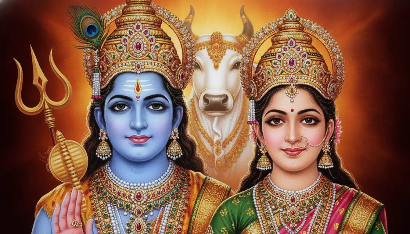 A close up portrait artwork of a blue-skinned divine couple wearing heavy gold crowns and necklaces.