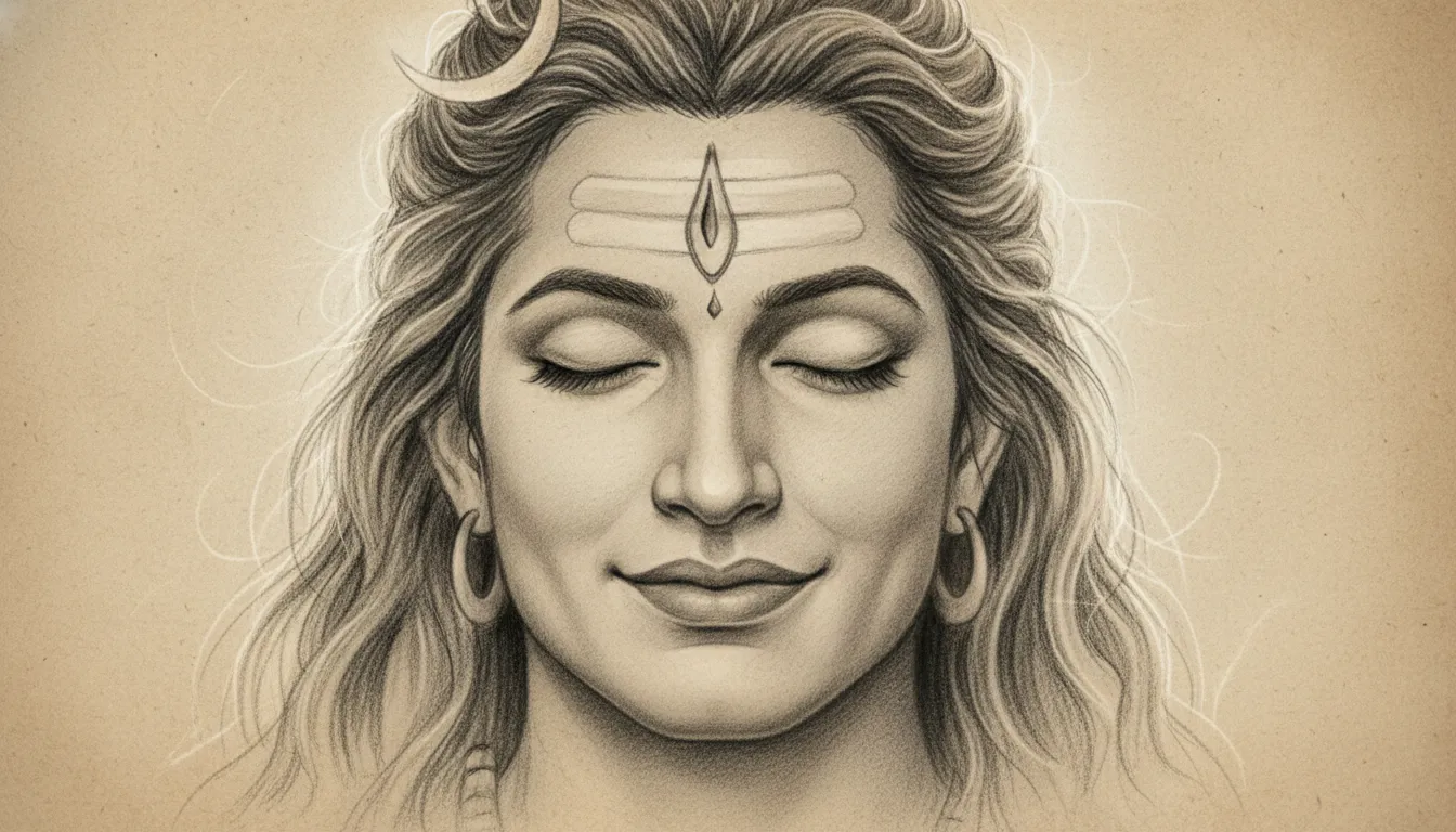 A close up monochrome sketch of Lord Shiva’s face in deep meditation showing absolute calmness.