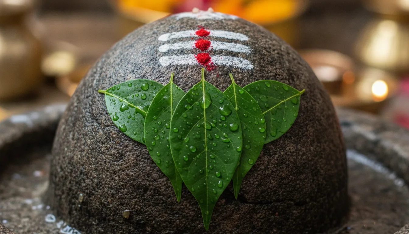 Macro close up shot of a stone Shivling adorned with green Belpatra leaves and water droplets