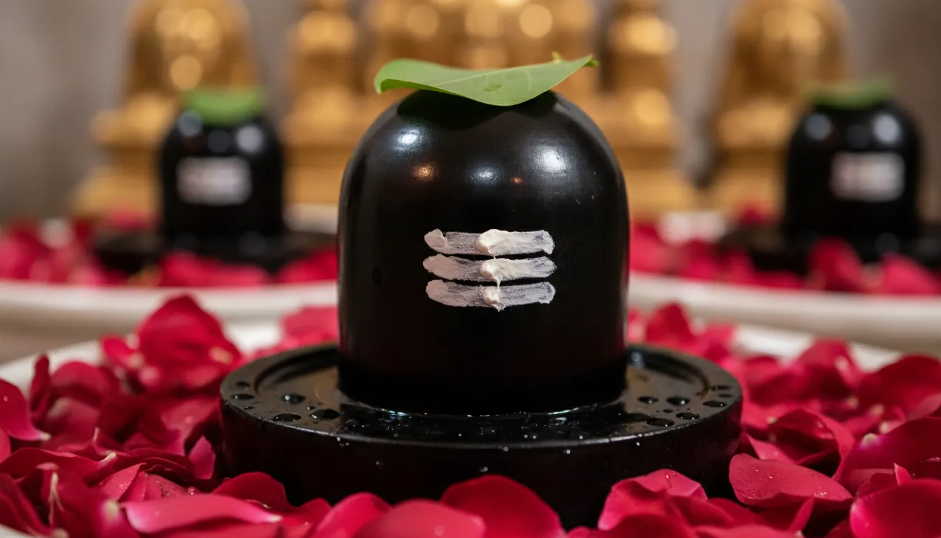 Close-up of a black stone Shivling adorned with flowers and sandalwood paste in Omkareshwar temple.
