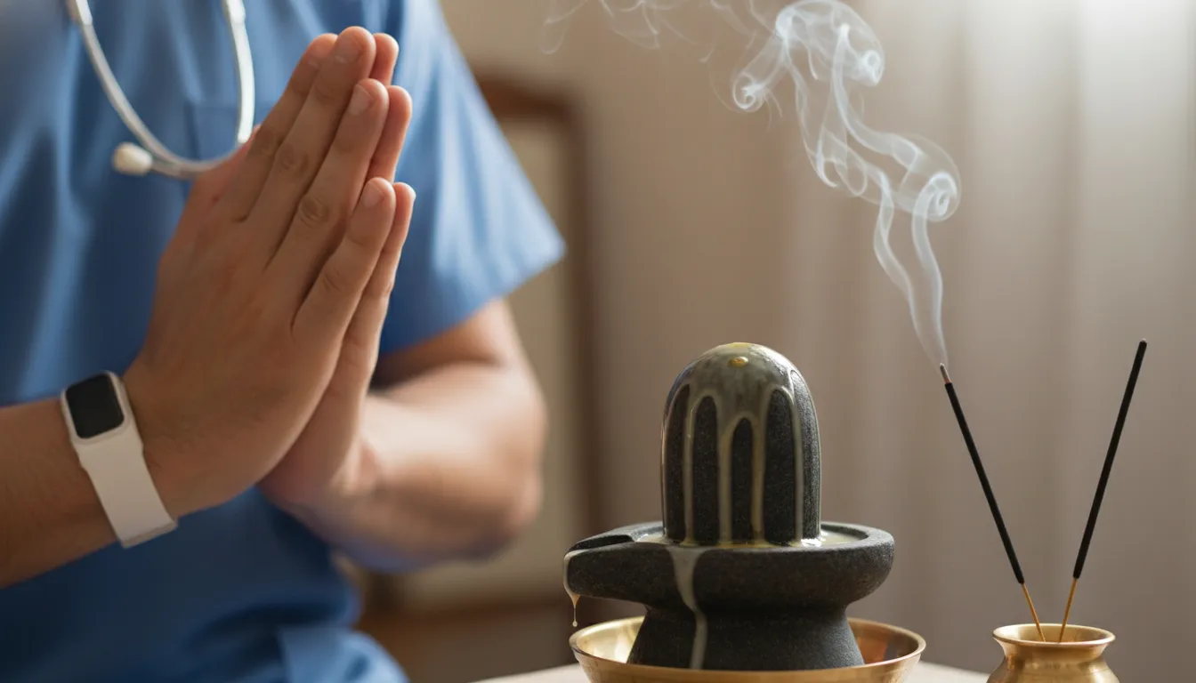 A detailed close-up shot focused on a doctor's folded hands in a Namaste gesture next to a sacred Shivling with burning incense.