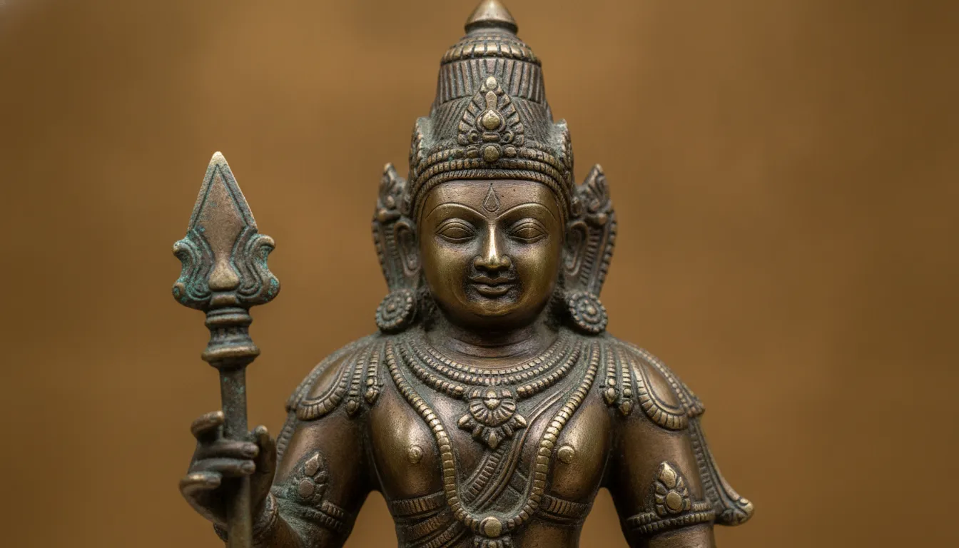 Macro close-up shot showing the detailed crown, jewelry, and spear of a bronze Hindu deity statue.