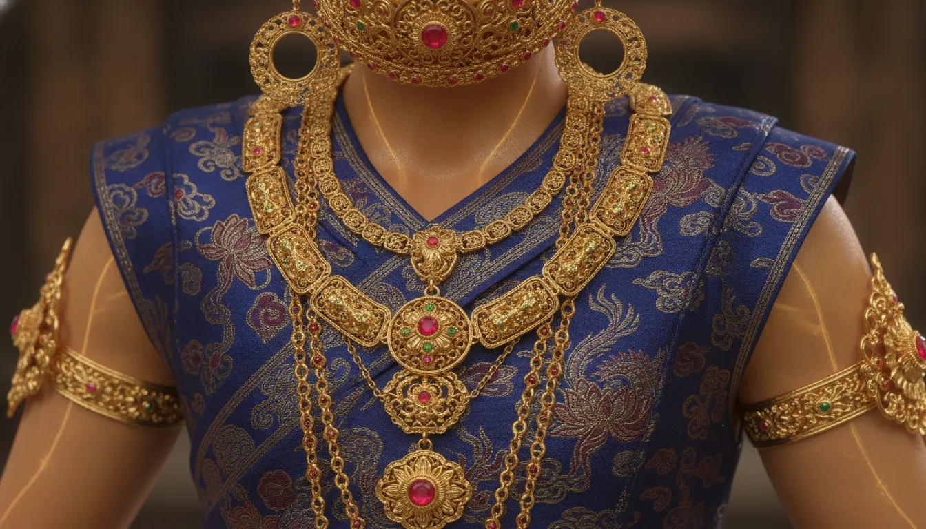 Detailed digital painting closeup of traditional gold necklaces, crowns, and emerald ornaments worn by a goddess.
