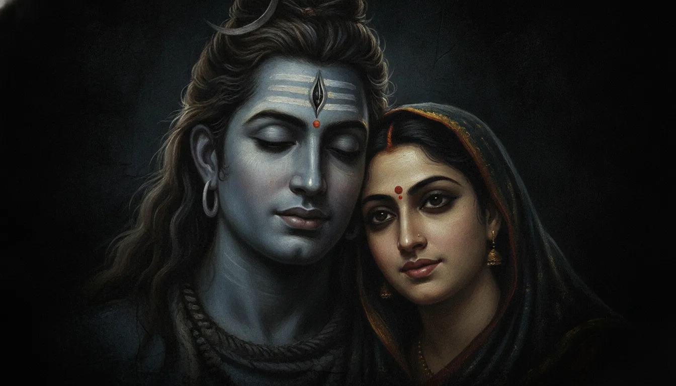 Close up dark artistic portrait focusing on the eyes and expressions of Shiva and Parvati