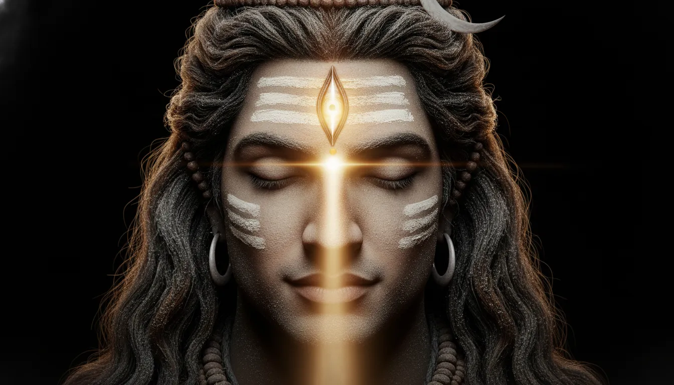 Close-up portrait of Mahadev's face with the third eye open and radiating light, from "har har mahadev new photos hd."