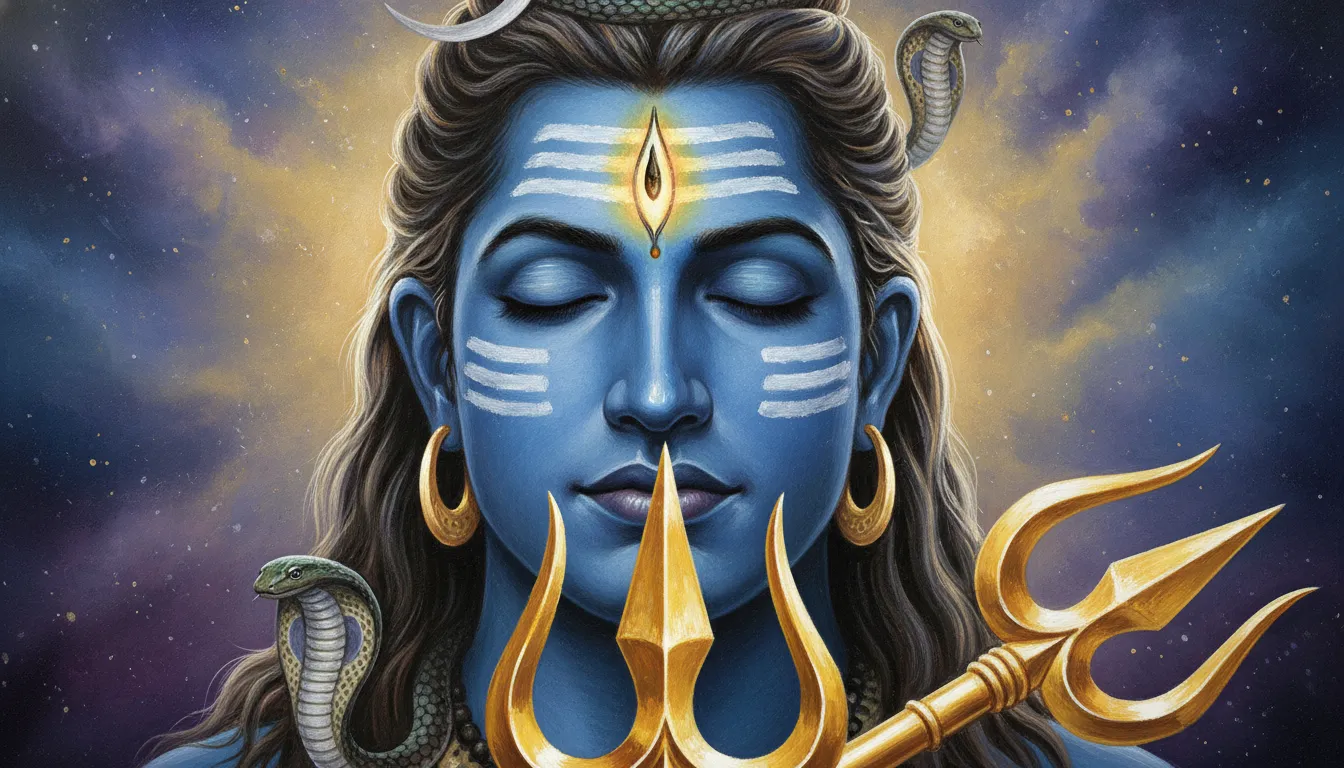 A digital portrait of Lord Shiva with closed eyes, a glowing third eye, and a golden trident.