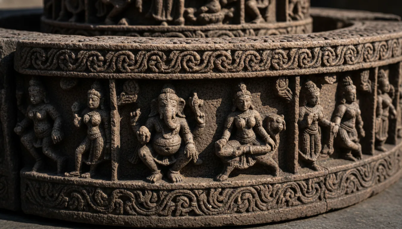 A detailed macro shot showing ancient Hindu mythological carvings on the base of a stone Shivling.