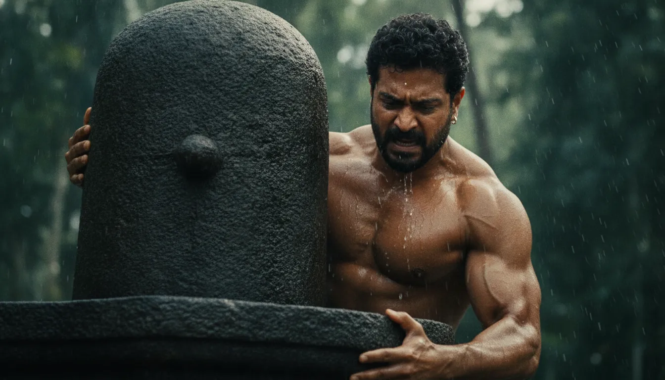 Close up HD image of Bahubali facial expression while lifting the stone Shivling