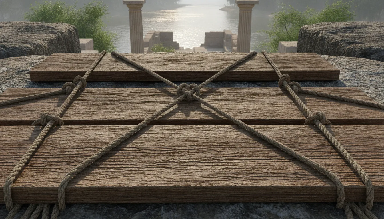 Close-up shot of wooden boards placed over a religious structure on a film set.