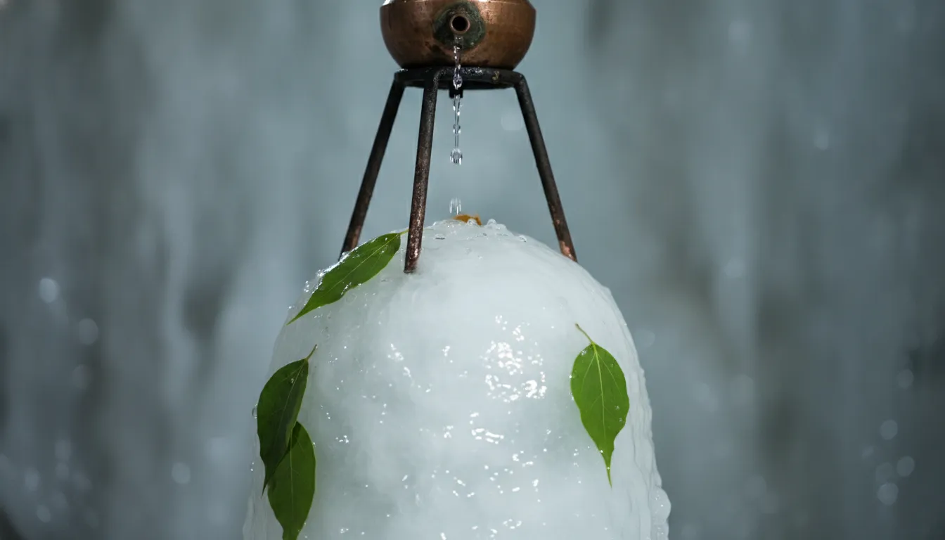 Close-up of the famous white ice shivling decorated with traditional flowers and holy water droplets.