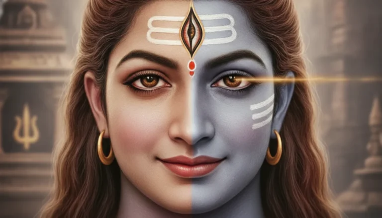 A detailed macro artwork focusing on the face of Harihara showing a combined forehead mark.
