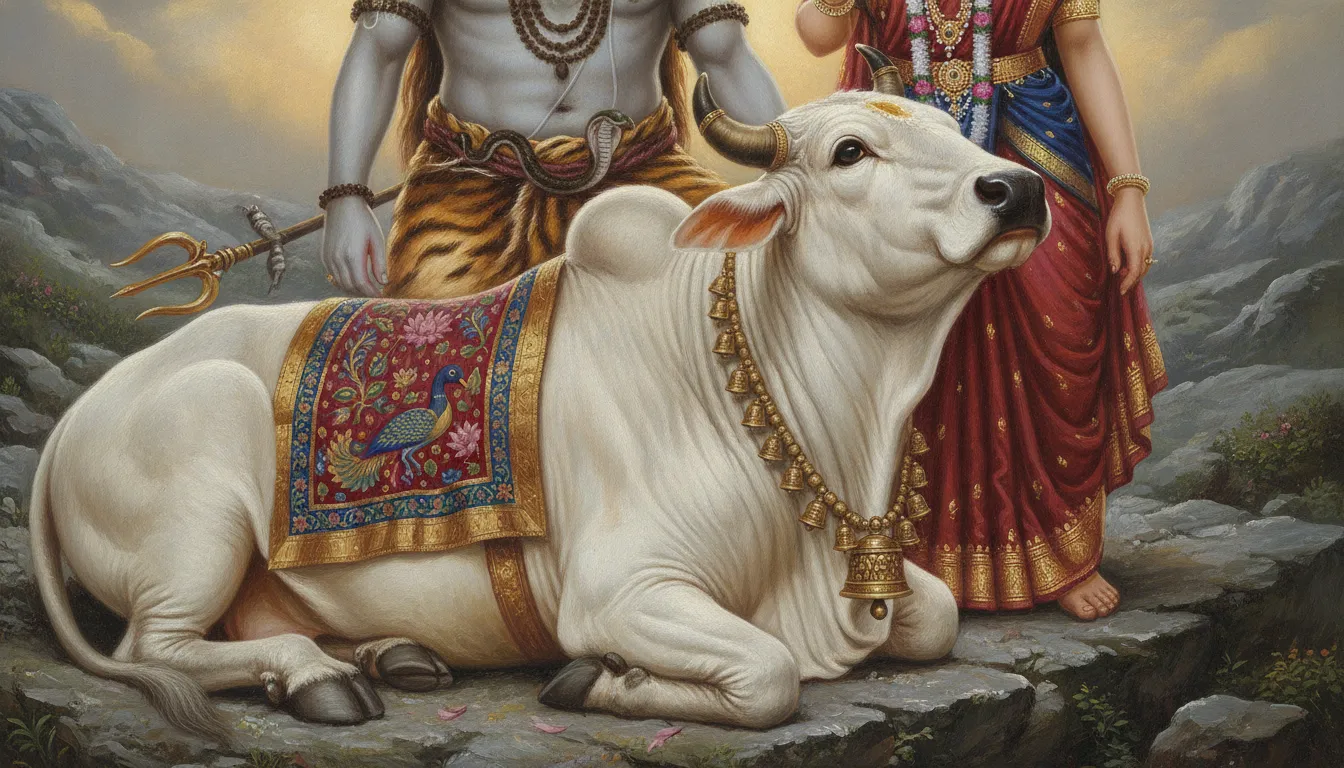 Detailed depiction of Nandi the sacred bull with Lord Shiva family