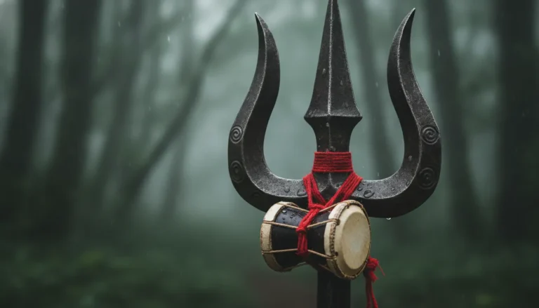 A detailed cinematic close-up of Lord Shiva’s rustic Trishul with a small leather Damru tied to it in a misty forest.
