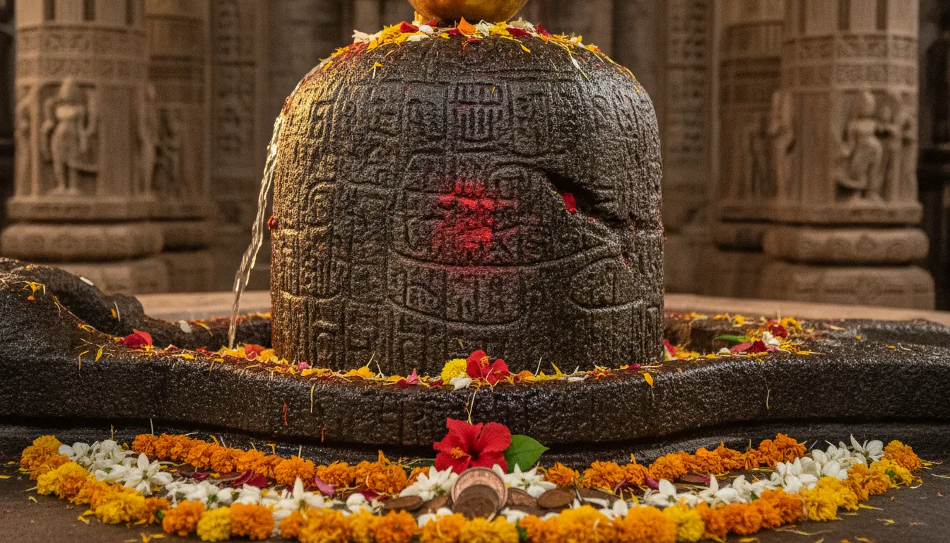 Close-up view of the ancient Somnath Shivling highlighting its centuries-old craftsmanship and spiritual energy.