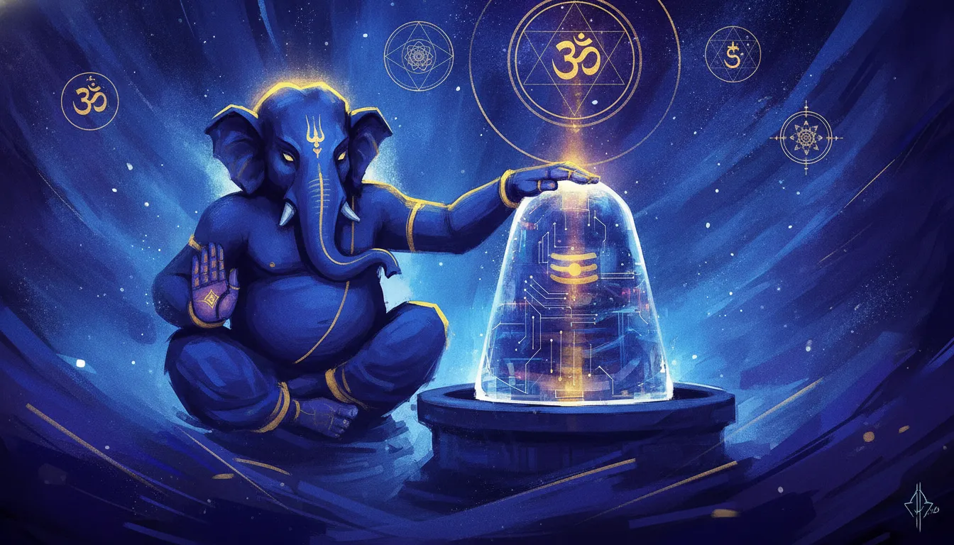 Modern digital painting of Lord Ganesha and a Shivling using vibrant neon colors and creative glowing abstract lines