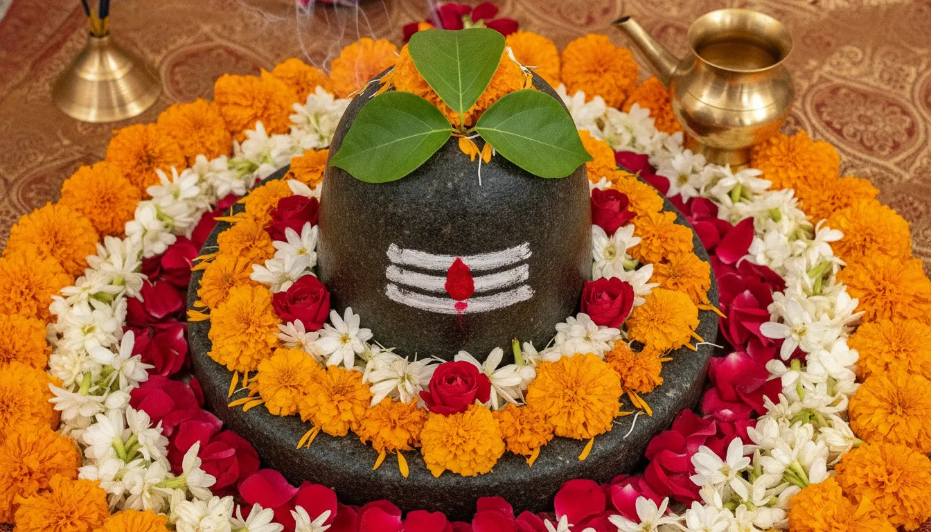 Full HD top-view image of Shivling decorated with Bilva leaves, marigolds, and roses.