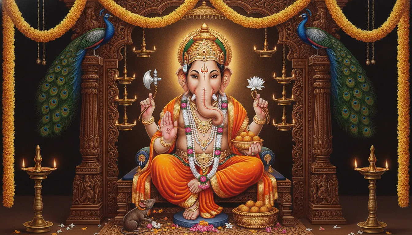 Lord Ganesha sits in an ornate temple frame holding symbolic objects and sweets, surrounded by flowers, lamps, peacocks, and a small mouse.