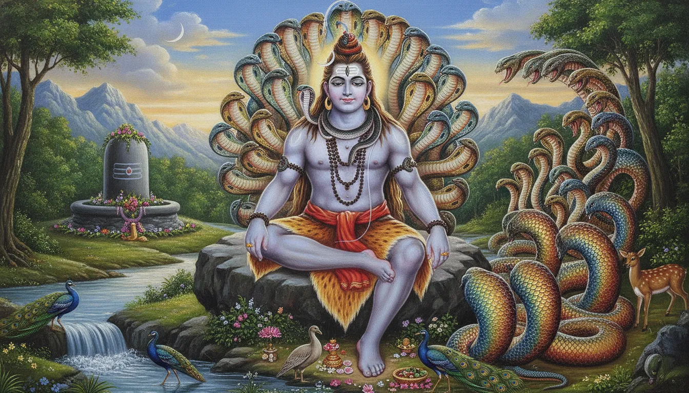A detailed traditional Indian painting depicting Lord Shiva, seated on a tiger skin, with a crown of coiled snakes and a Shivalinga in the background, surrounded by various serpentine deities during Nag Panchami.
