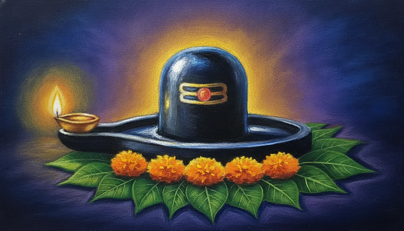 A vibrant oil pastel color image of shivling for drawing decorated with fresh flowers.