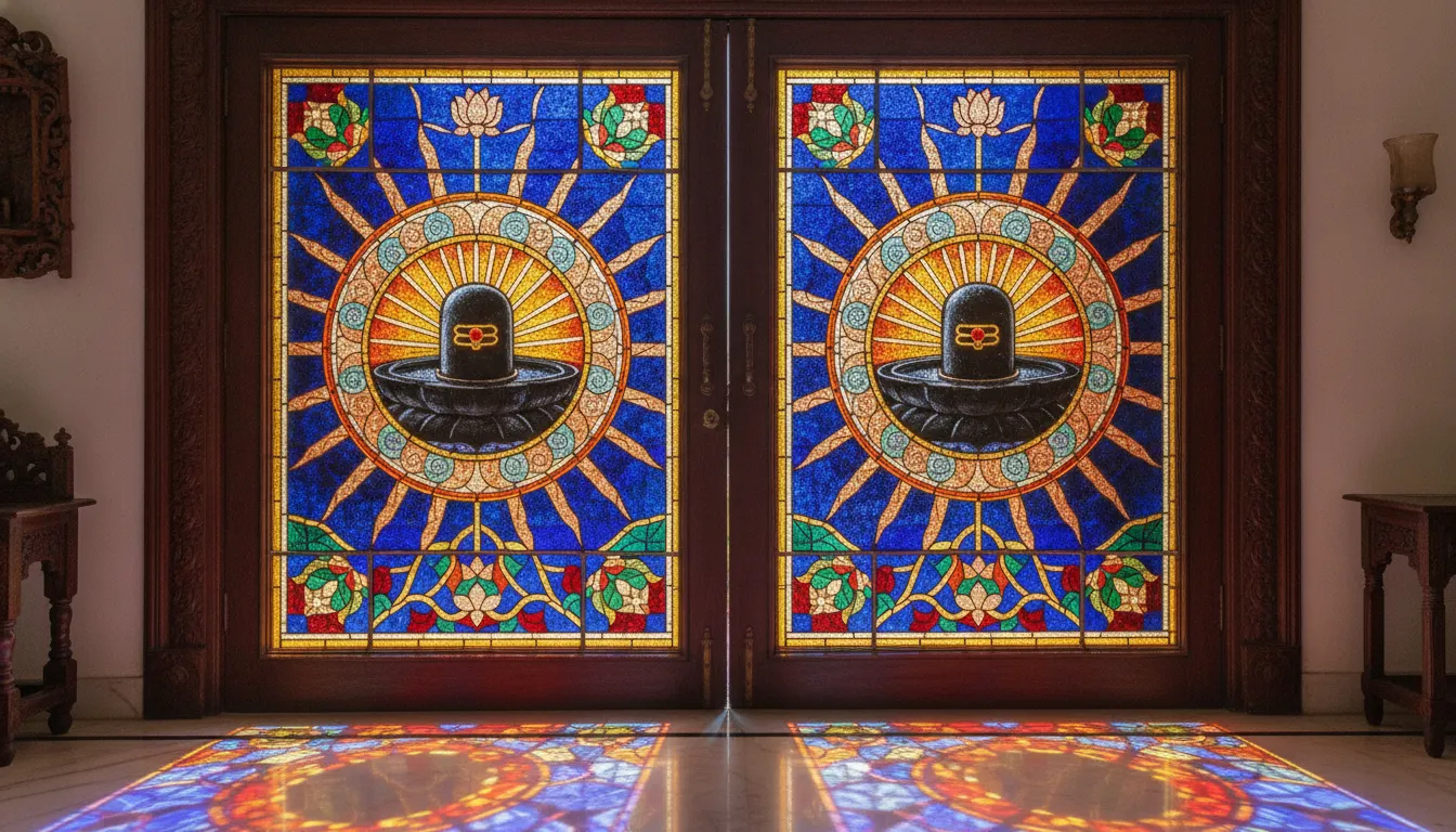 A vibrant stained glass door depicting a divine Shivling surrounded by traditional Indian decorative patterns.