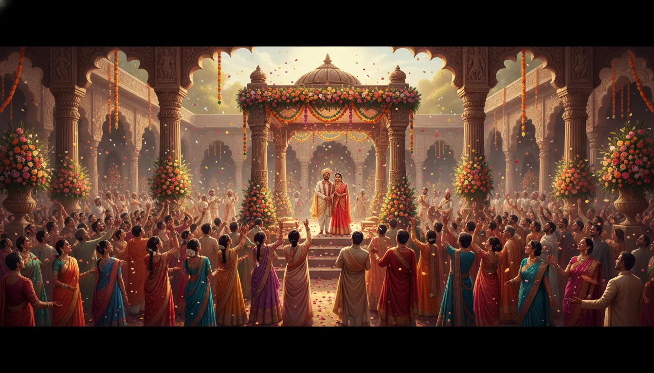 Vibrant artwork showing a large gathering of guests celebrating a wedding ceremony.