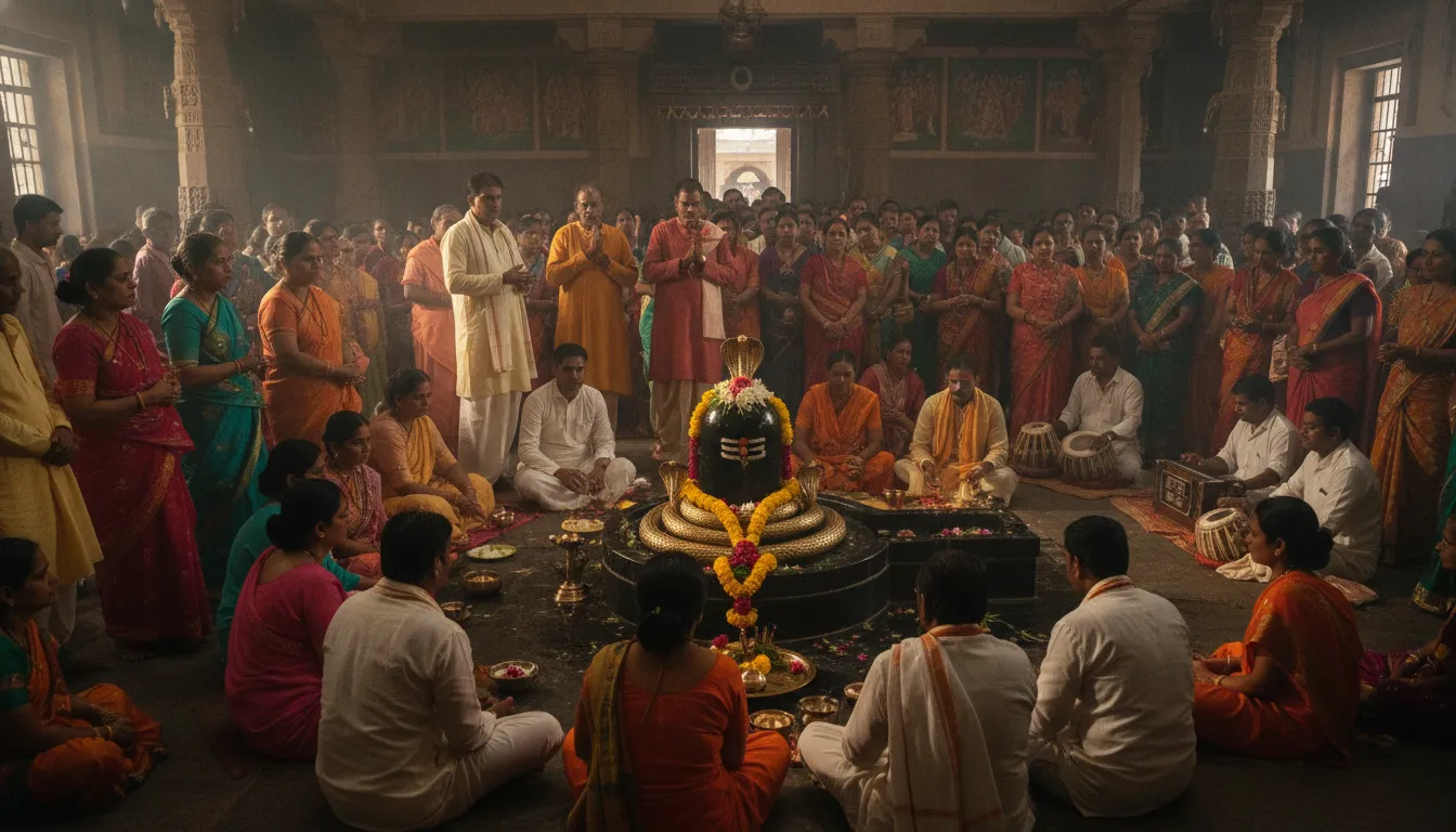 A heartwarming photograph showing a group of devotees gathered in a temple, offering prayers and making symbolic offerings to a Shivalinga and depictions of serpents during Nag Panchami.