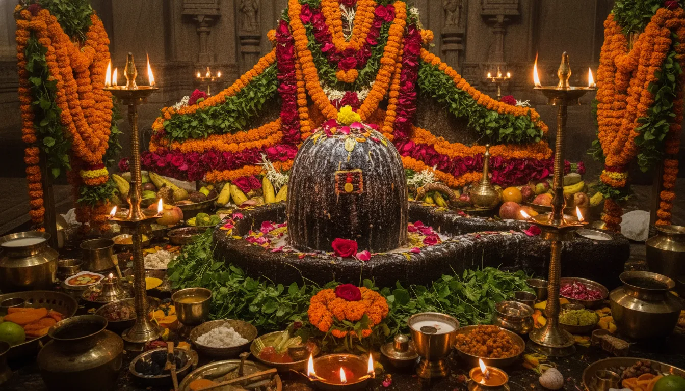 Comprehensive HD shivling images original with abishakam elements, flowers, and traditional oil lamps.